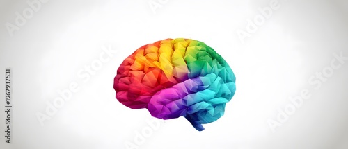 Vibrant colorful low polygon human brain illustration with full rainbow hues on a bright white background representing creativity and intellect