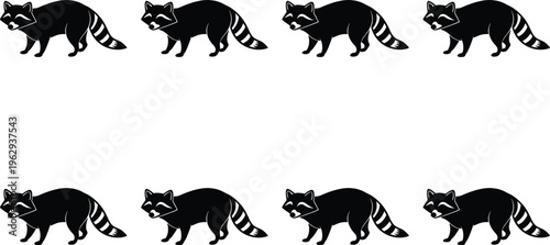 Eight black and white raccoon silhouettes, highlighting the iconic masked face and ringed tail of this wild animal.