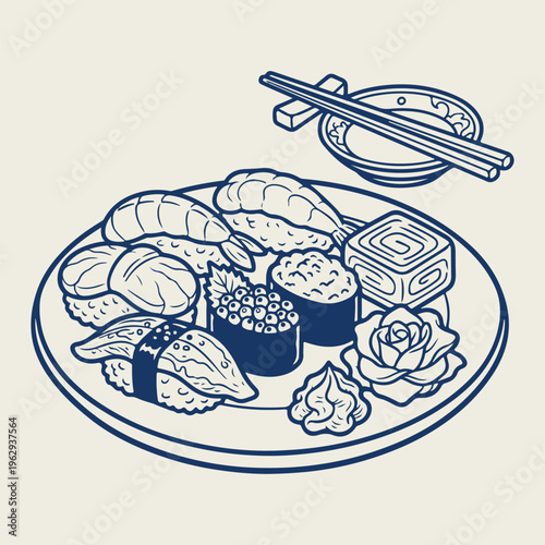Sushi Plate with Chopsticks and Sauce Line Art