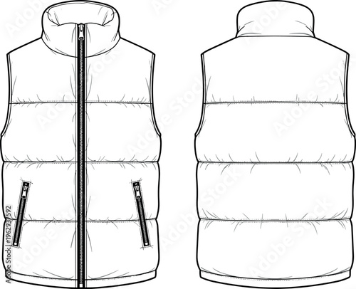 Technical Vector Illustration of a Men's Puffer Vest Fashion Flat Sketch with Zipper Pockets and High Collar for Apparel Design