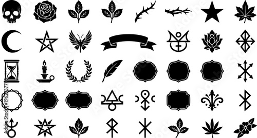 Gothic botanical symbolism engraving. Line outline icon set of Gothic botanical symbolism engraving: skull
