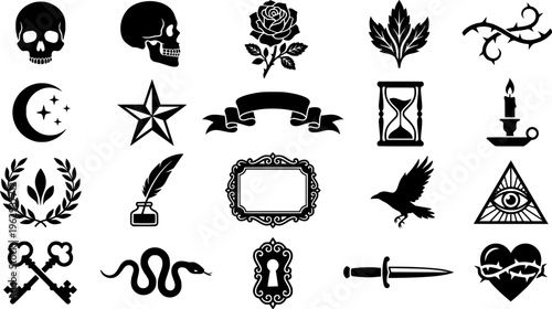 Gothic botanical symbolism engraving. Line outline icon set of Gothic botanical symbolism engraving: skull
