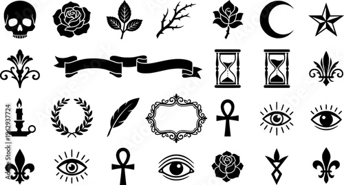 Gothic botanical symbolism engraving. Line outline icon set of Gothic botanical symbolism engraving: skull
