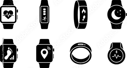 Collection of smartwatch and fitness tracker icons for health monitoring.
