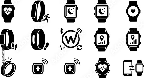Collection of smartwatch and fitness tracker icons for health monitoring.
