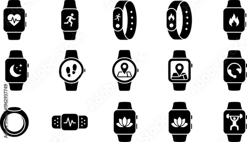 Collection of smartwatch and fitness tracker icons for health monitoring.

