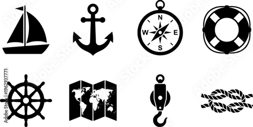 Sailing Essentials Icons. Outline icon set of sailing essentials: sails, knots, rigging, helm, navigation
