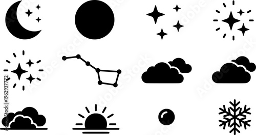 Winter Night Icons. Winter night sky with stars. Line outline icon set of Winter night sky with stars:

