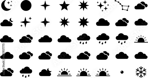 Winter Night Icons. Winter night sky with stars. Line outline icon set of Winter night sky with stars:
