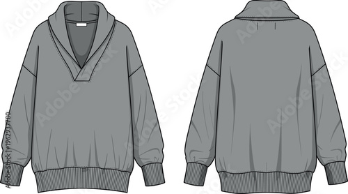 Women Oversized Shawl Collar Sweatshirt Vector Illustration Flat Fashion Sketch Technical Drawing Front and Back View for Apparel Design Mockup Template