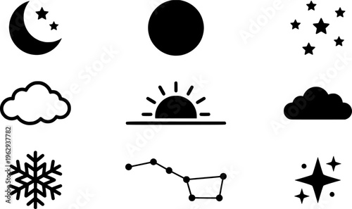 Winter Night Icons. Winter night sky with stars. Line outline icon set of Winter night sky with stars:
