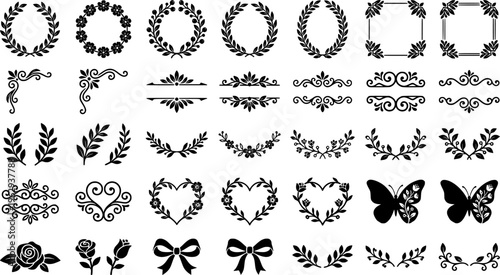 Botanical Frame Icons. botanical frame elements. Line outline icon set of botanical frame elements:
