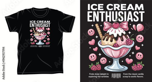Ice cream enthusiast vintage sundae illustration with smiley faces and berries on black tshirt