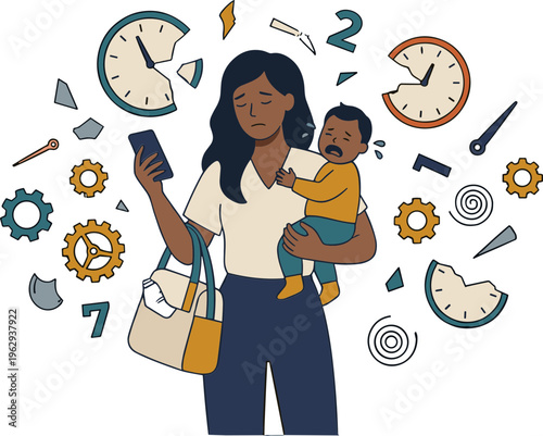 A stressed woman multitasks with a baby, phone, and clock in chaotic environment
