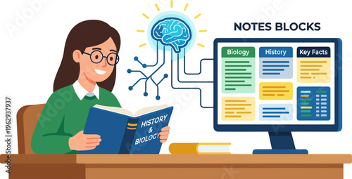 A woman sits at a desk reading a book next to a computer displaying notes blocks.