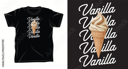 Minimalist vanilla soft serve ice cream cone graphic with repeating script typography
