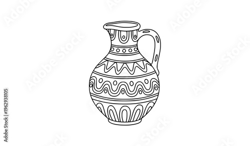 Decorative clay jug coloring page for children with patterned pitcher outline illustration