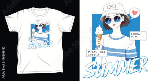Summer anime girl wearing bucket hat and sunglasses holding ice cream cone illustration
