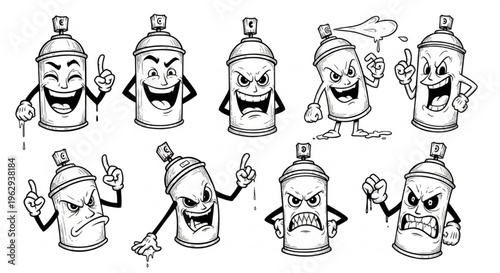 Urban Graffiti Spray Can Characters Vector Illustration Sheet in Black Ink Grunge Punk Street Art Style