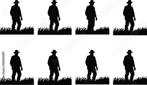 Silhouettes of a farmer or rancher standing in tall grass, representing agriculture and rural outdoor life.