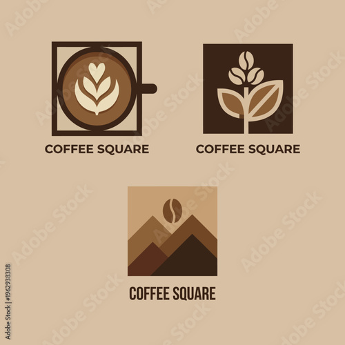 The Coffee Square logo features a modern, minimalist design that captures the essence of a cozy coffee shop, using earthy tones and coffee symbolism effectively.