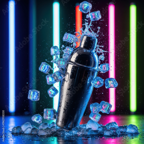Stainless steel cocktail shaker ice cubes neon lights splash motion blur bar lounge energetic