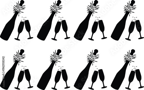 Celebratory champagne bottles popping with effervescent bubbles and overflowing glasses, arranged in a repeating pattern for festive occasions.