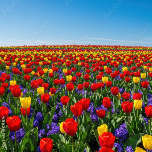 Vibrant red tulip yellow tulip purple flower spring field blue sky blooming garden