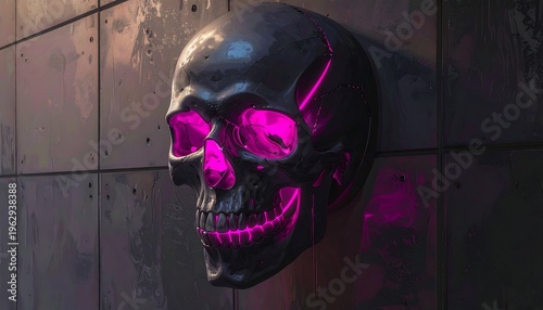 A purple skull on a metal wall