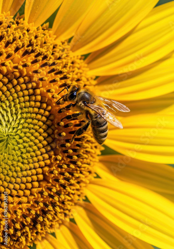 Extreme close up honeybee gathering pollen vibrant sunflower disk glowing sunlight, detailed wings and textured petals creating warm natural mood