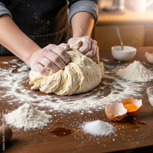 Flour dough kneading rustic table warm kitchen cozy baking scene hands dough flour egg wooden table bowl spoon salt countertop