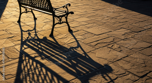 Elegant wrought iron bench shadow stretches across rustic stone patio warm golden hour light creating intricate geometric patterns and quiet