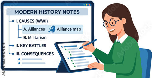 Woman taking notes on World War I history with pen on board