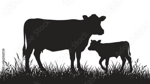 Cow and Calf Silhouette Vector Icon – Heartwarming Vectors Featuring Farm Life, Animal Bonding, Rural Scene, and Livestock Companionship in Minimalist Black Profiles