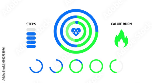 Fitness tracker interface with steps and calorie burn graphics on white background
