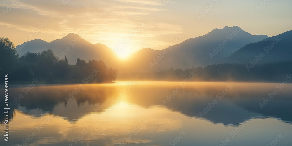Fototapeta premium Serene Golden Sunrise Over a Misty Mountain Lake with Soft Fog and Radiant Sunbeams