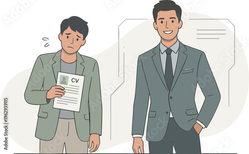 Two businessmen in suits interact with one holding a CV in office