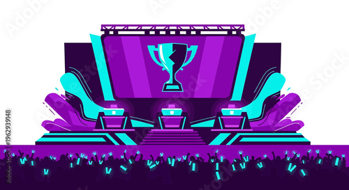 Esports tournament stage with audience and trophy on screen purple and blue lights competitive gaming event setup