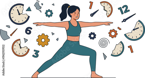 Woman practices yoga surrounded by clocks and gears in a fitness studio