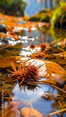 A serene autumnal scene with orange leaves and pine needles floating on water