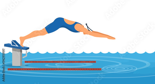 Swimmer in blue swimsuit diving into a swimming pool from a starting block with a white background