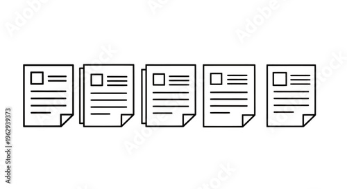 Five Illustrated Newspapers or Documents Shown in a Row, Descriptive Stock Image.