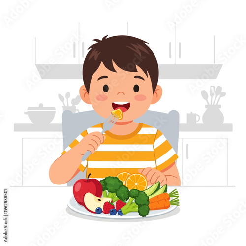 A happy child enjoys eating a plate of healthy food with fruits and vegetables