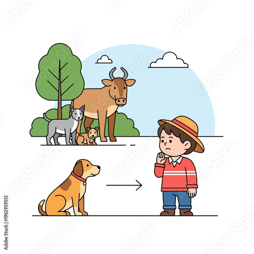 Child with straw hat avoiding a dog in a farm setting with a cow and other animals