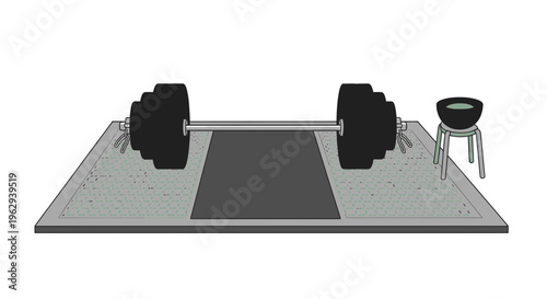 Weightlifting platform with barbell and weights on gray rubber mat and stool for gym workout routine