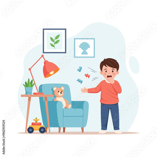 A young child is choking on small objects in a home environment, highlighting the dangers of choking hazards