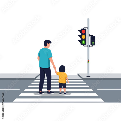 Father holding child's hand at a crosswalk with traffic lights indicating safe passage