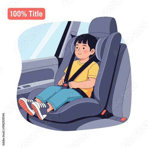 Young boy wearing a seatbelt in a car seat, emphasizing safety during travel