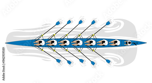 Eight seat rowing shell with rowers in action on water sports