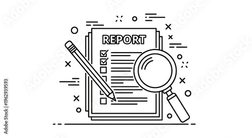Investigation Report Graphic with Magnifying Glass and Document Illustration.